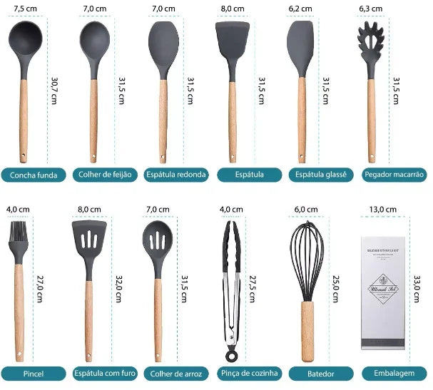 Kit 12 Utensílios De Cozinha Em Silicone E Cabo De Madeira - Compras Chaves