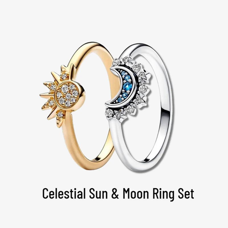 Conjunto de anel sol e lua azul prata esterlina para mulheres, joia espumante, festa de noivado clássica, casamento celestial, lua