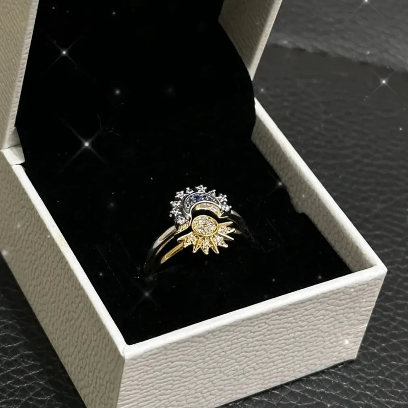Conjunto de anel sol e lua azul prata esterlina para mulheres, joia espumante, festa de noivado clássica, casamento celestial, lua