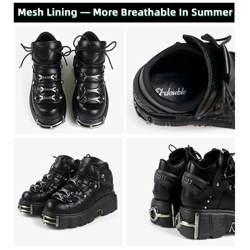 2024 Sapatos de plataforma com cordões estilo punk para mulheres, botas de tornozelo, tênis rock, decoração de metal, altura 6cm, novo