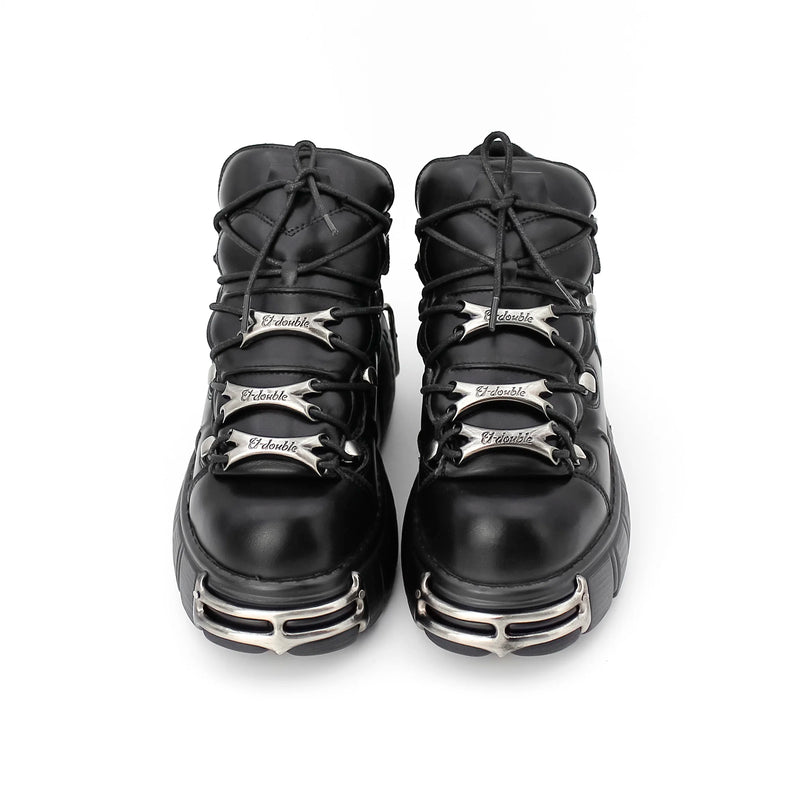 2024 Sapatos de plataforma com cordões estilo punk para mulheres, botas de tornozelo, tênis rock, decoração de metal, altura 6cm, novo